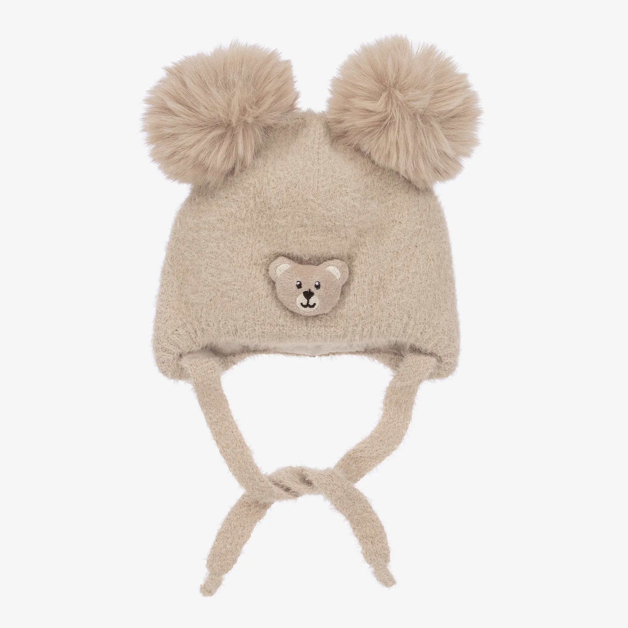 Beige Wool Knit Bear Pom-Pom Hat