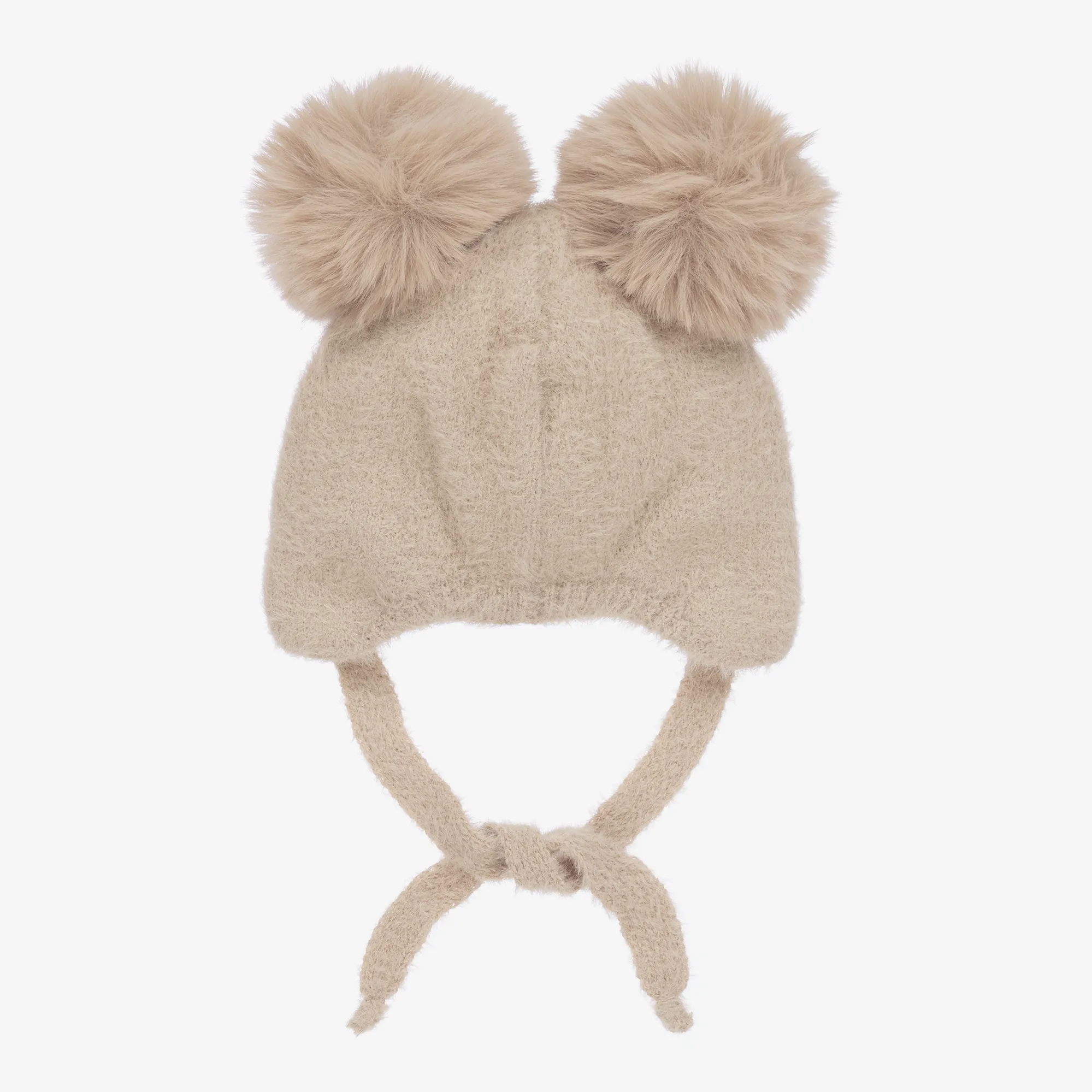 Beige Wool Knit Bear Pom-Pom Hat