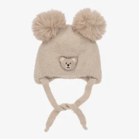 Beige Wool Knit Bear Pom-Pom Hat