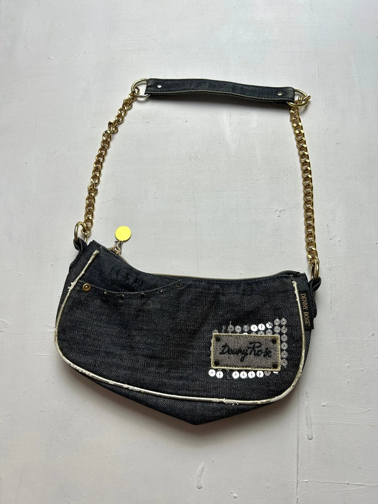 Black denim strass chain shoulder bag