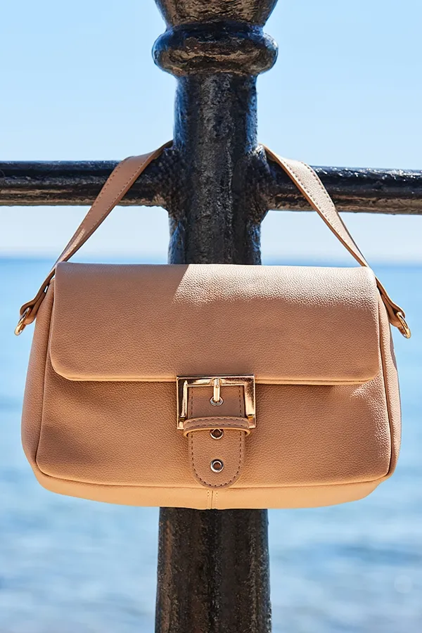 Camel Faux Leather Buckle Detail Shoulder Bag