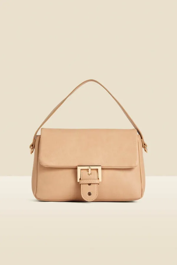 Camel Faux Leather Buckle Detail Shoulder Bag