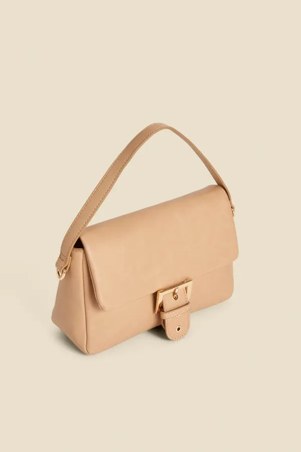 Camel Faux Leather Buckle Detail Shoulder Bag