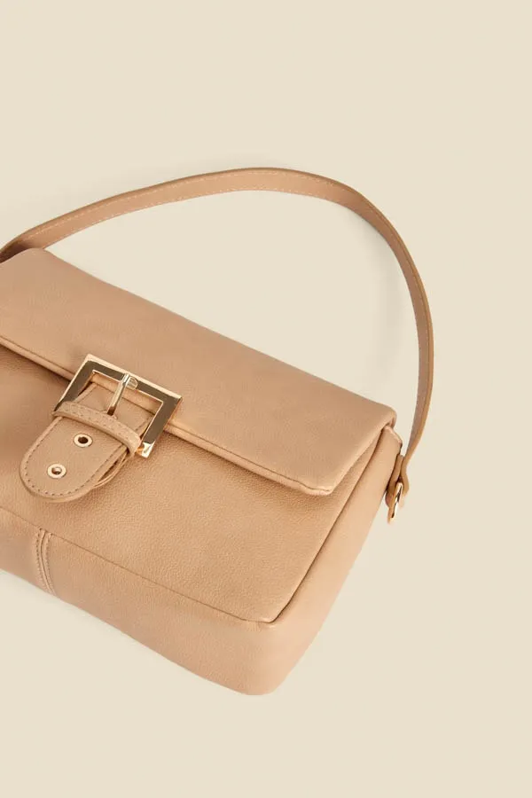 Camel Faux Leather Buckle Detail Shoulder Bag