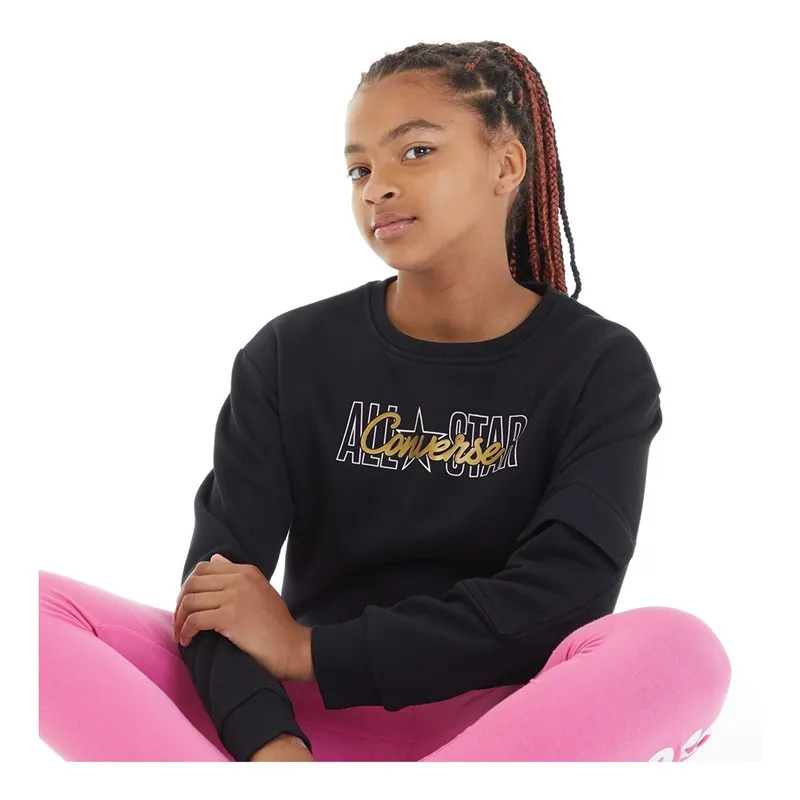 Converse Junior Girls Cargo Pocket Crew Neck Sweatshirt Black