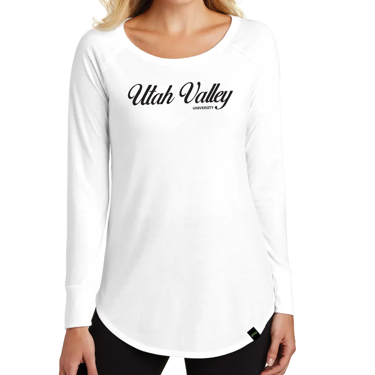 District Women’s Perfect Tri Long Sleeve Tunic Tee- UV Cursive