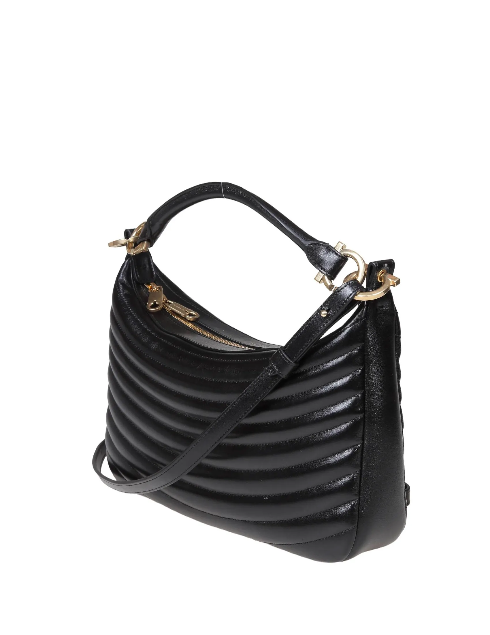 FERRAGAMO BLACK MATELASSE' LEATHER SHOULDER BAG