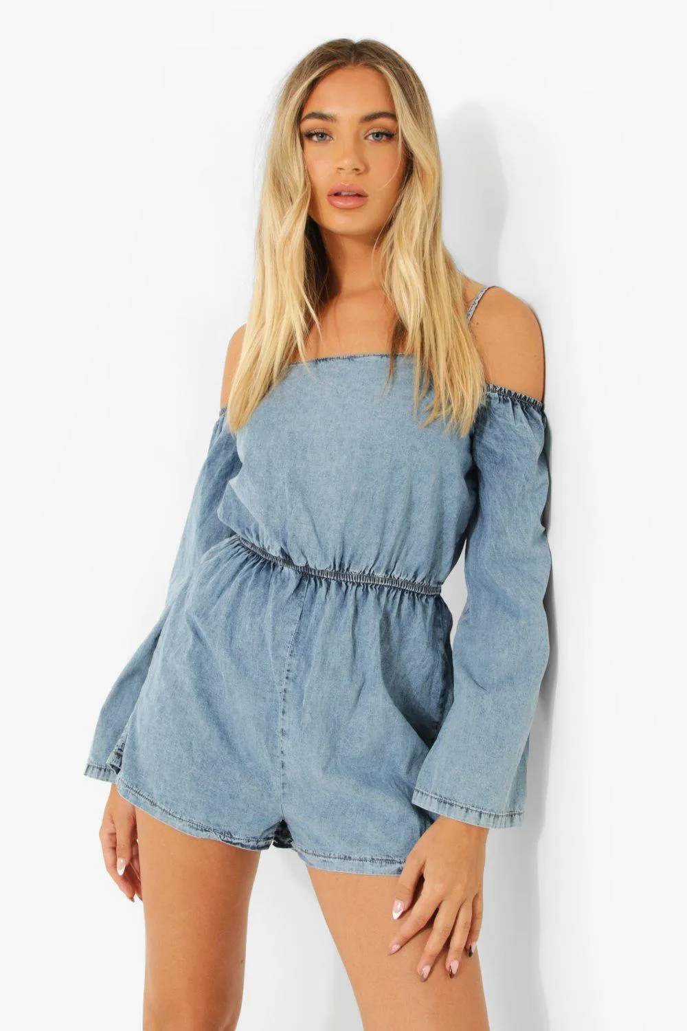 Flared Sleeve Off The Shoulder Denim Romper