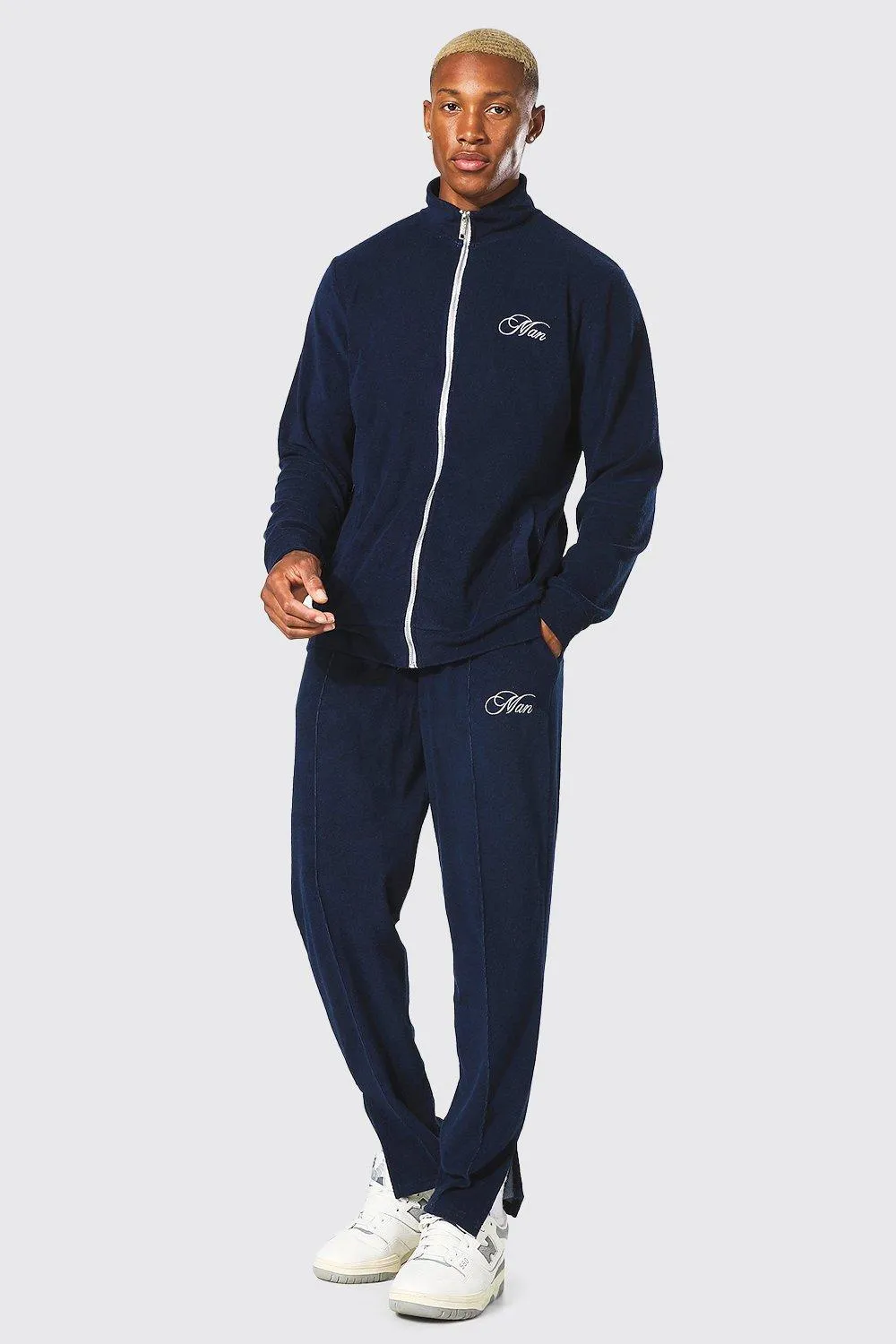 Funnel Neck Man Split Hem Towelling Tracksuit | boohooMAN UK