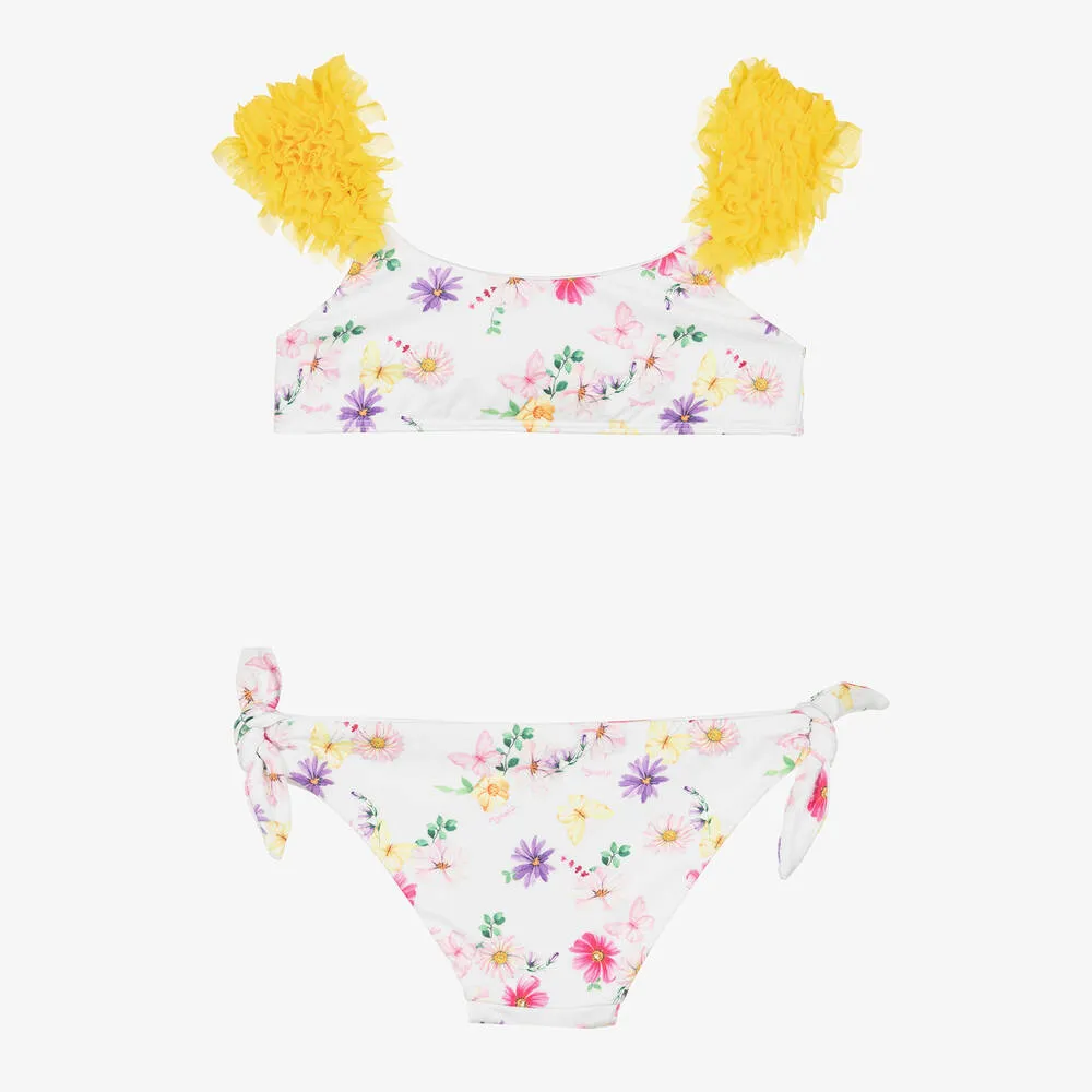 Girls White Floral & Frills Bikini