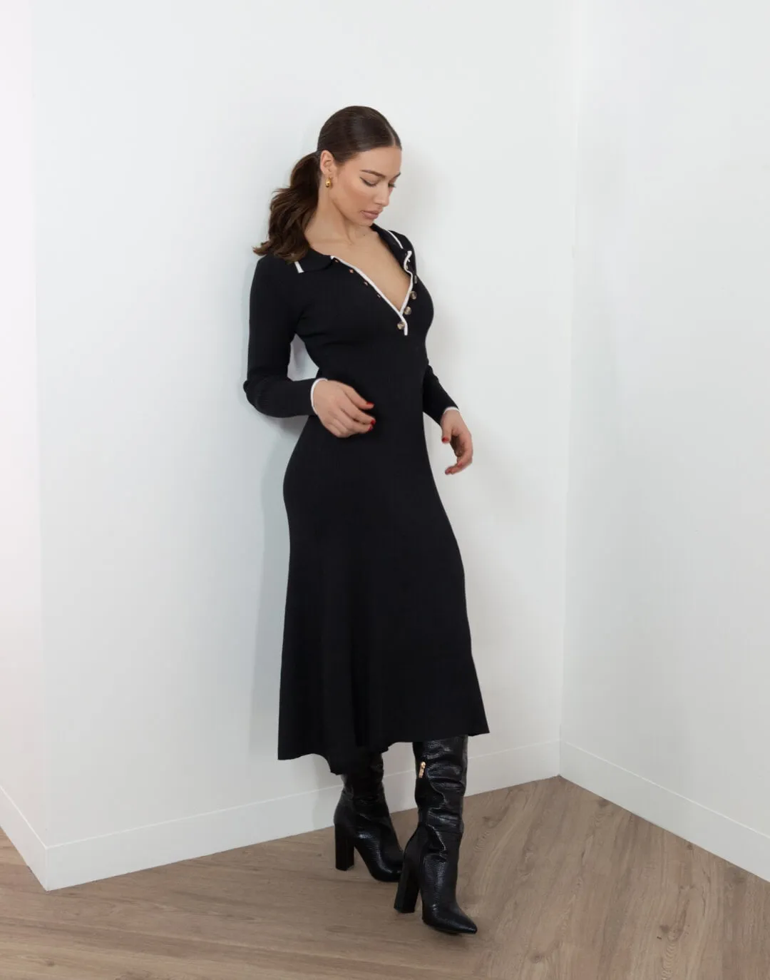 Josephine Dress - Collared Long. Sleeve Midi Dress - Black