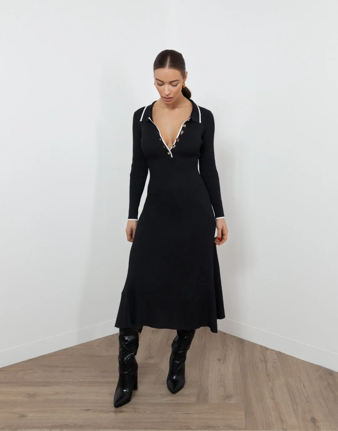 Josephine Dress - Collared Long. Sleeve Midi Dress - Black