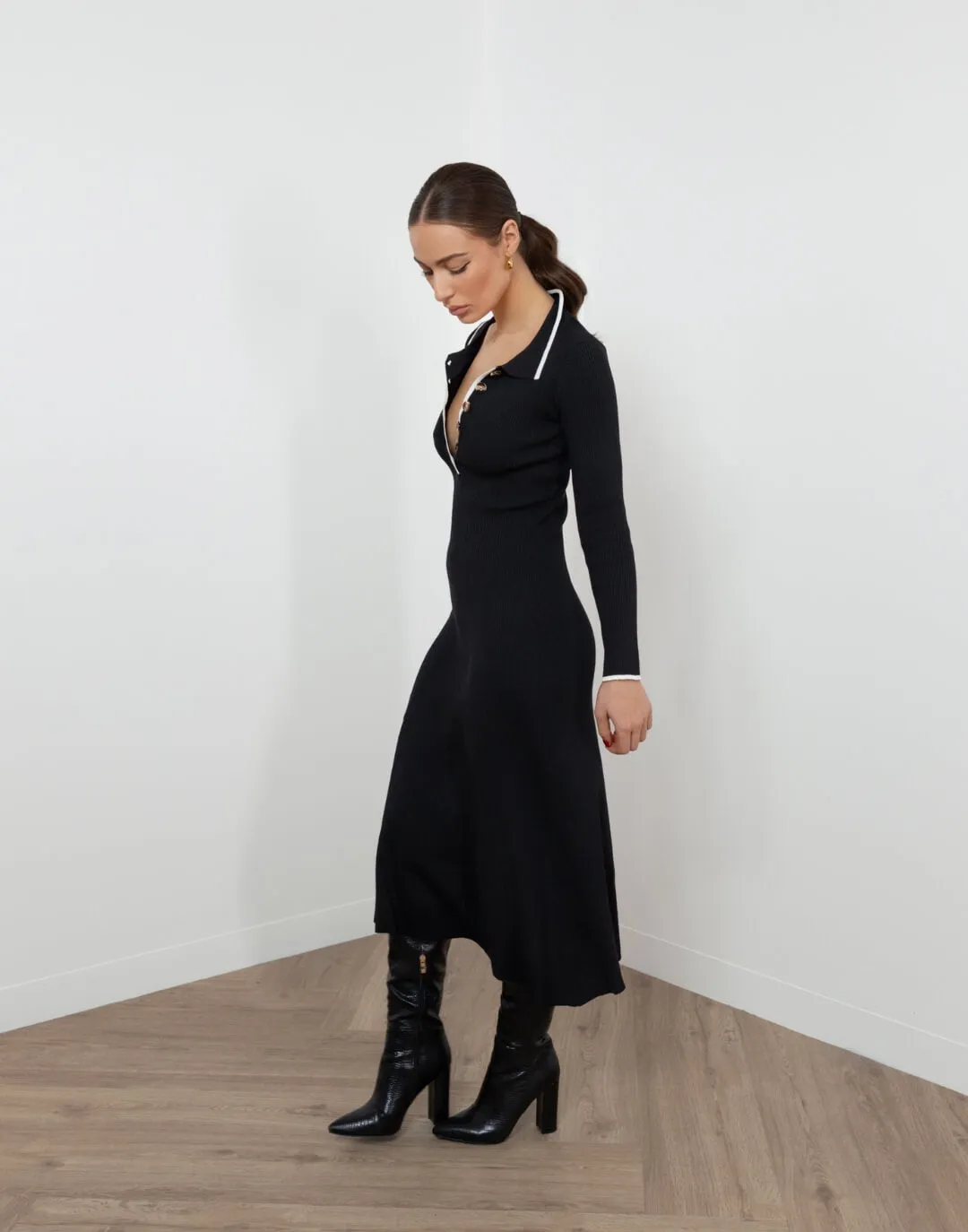 Josephine Dress - Collared Long. Sleeve Midi Dress - Black