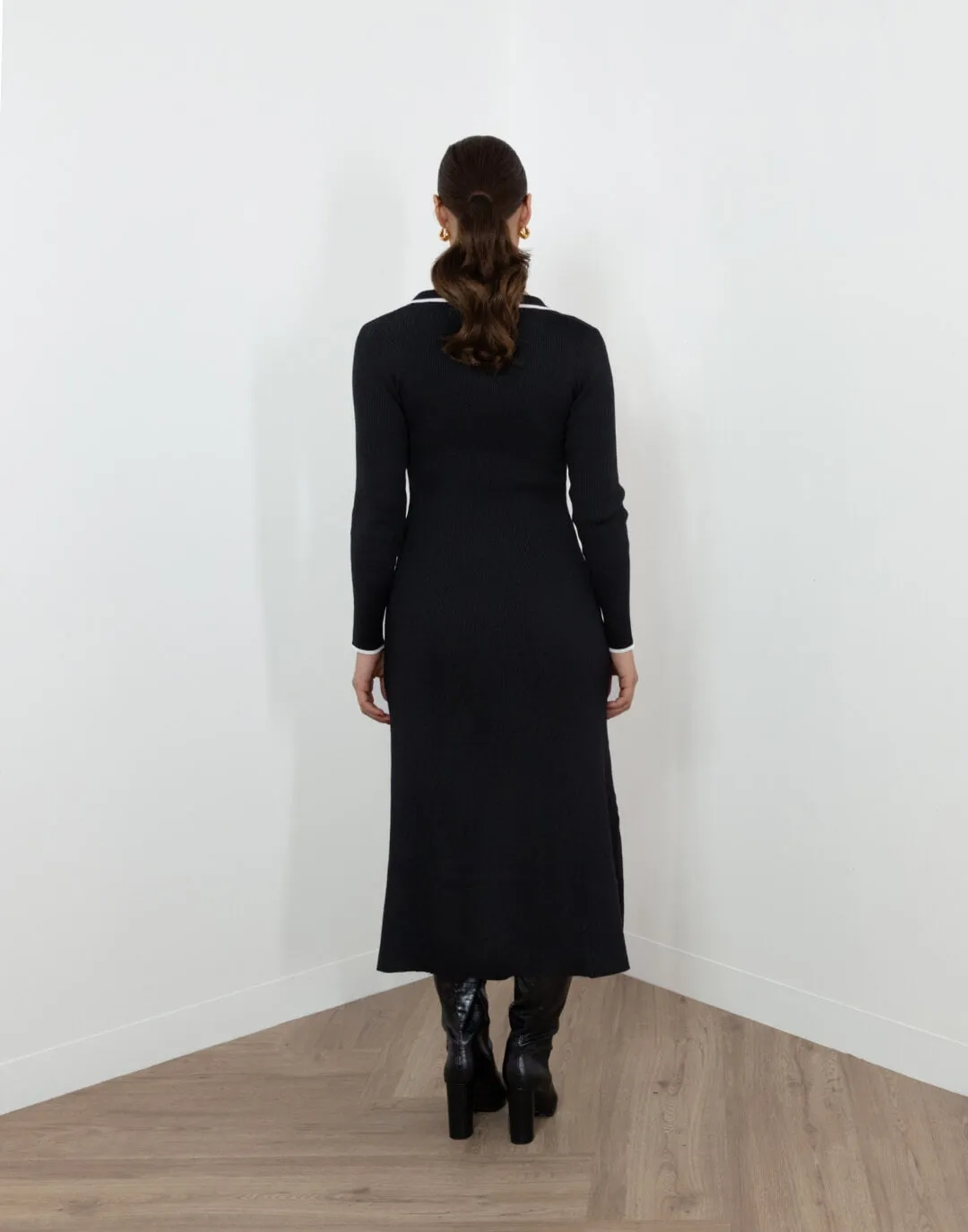 Josephine Dress - Collared Long. Sleeve Midi Dress - Black