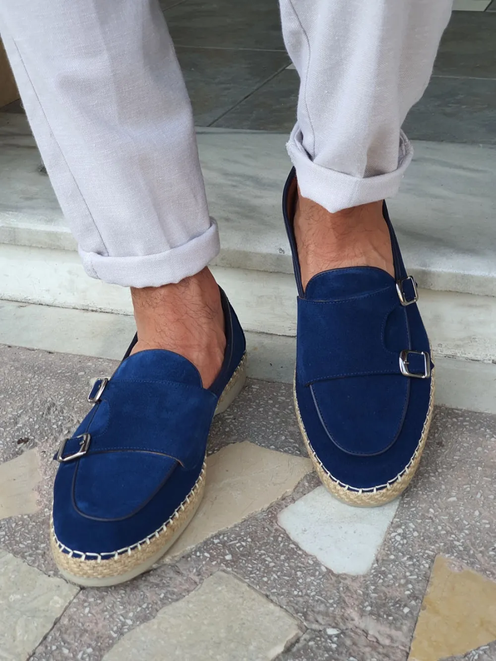 Kurni Blue Double Buckled Suede Leather Shoes