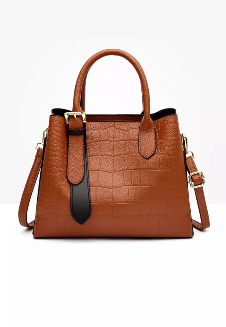 Lara Business Women's Crocodile-effect Embossed Leather Cross-body Bag Hand Bag - Light Brown