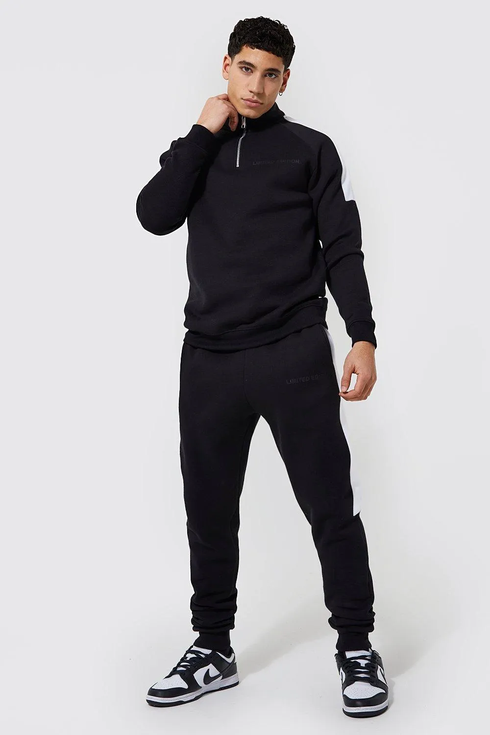 Limited 1/4 Zip Panel Funnel Neck Tracksuit | boohooMAN UK