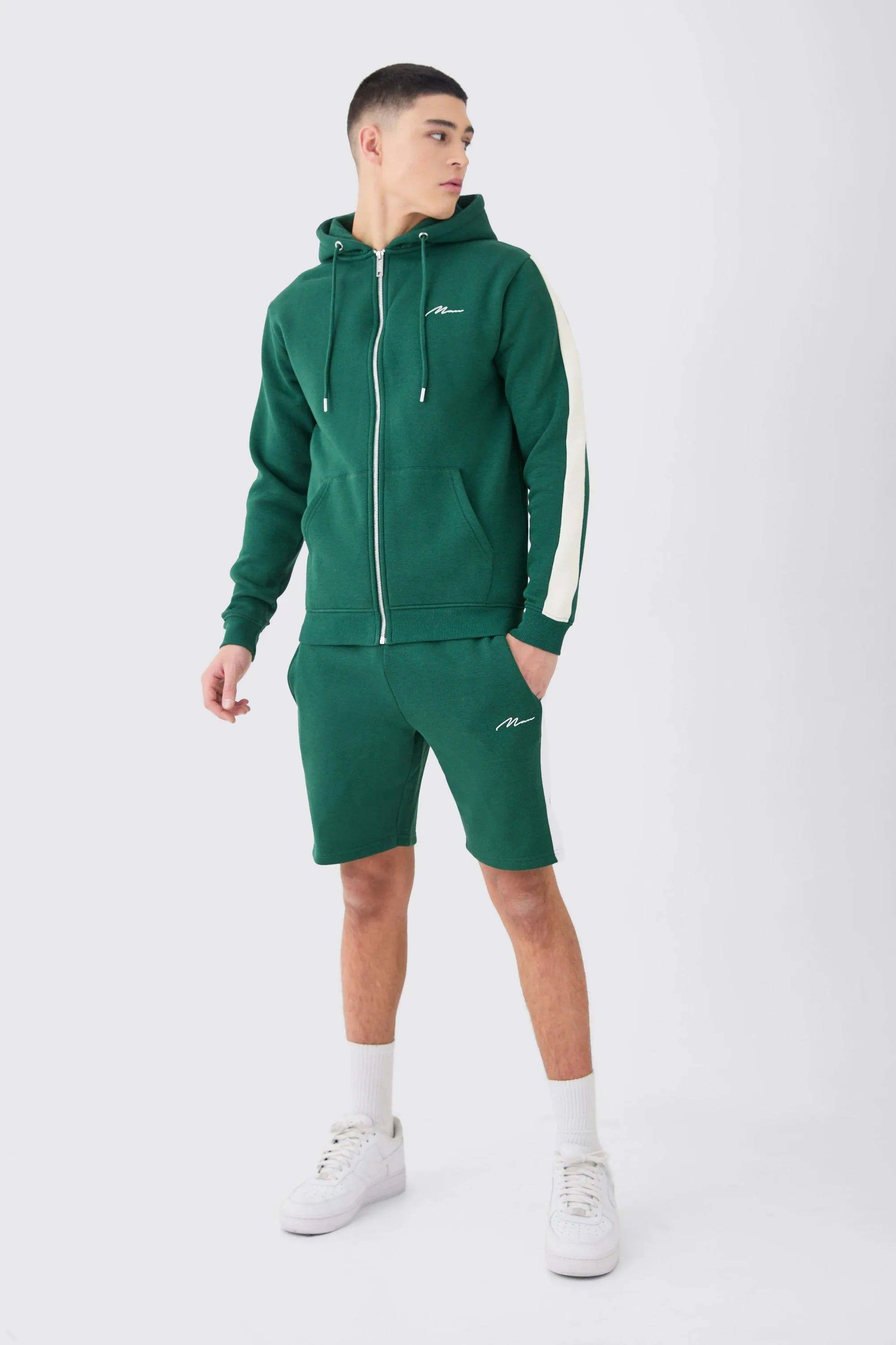 Man Signature Slim Zip Through Colour Block Short Tracksuit | boohooMAN UK