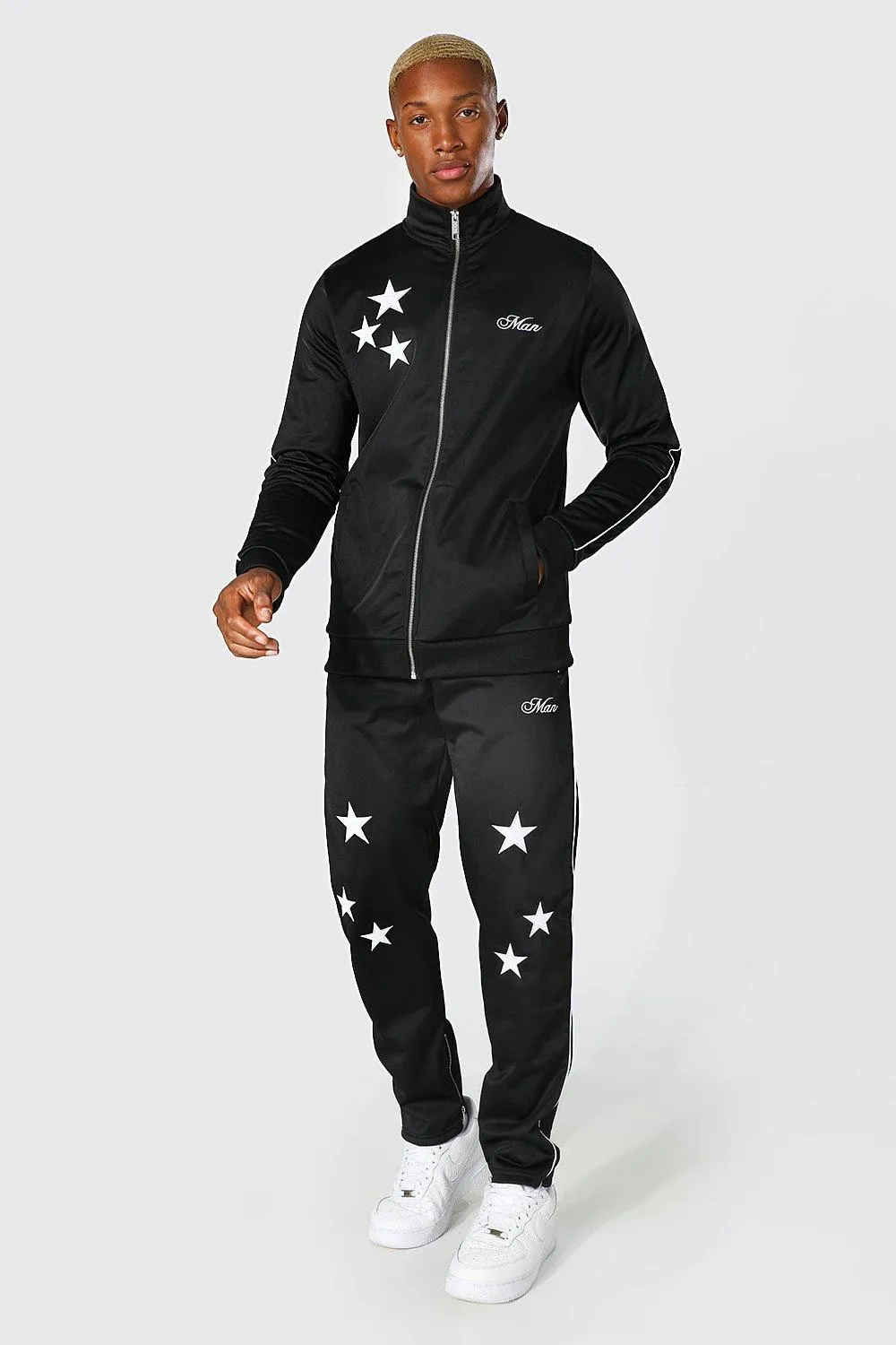 Man Star Applique Zip Funnel Tricot Tracksuit | boohooMAN UK