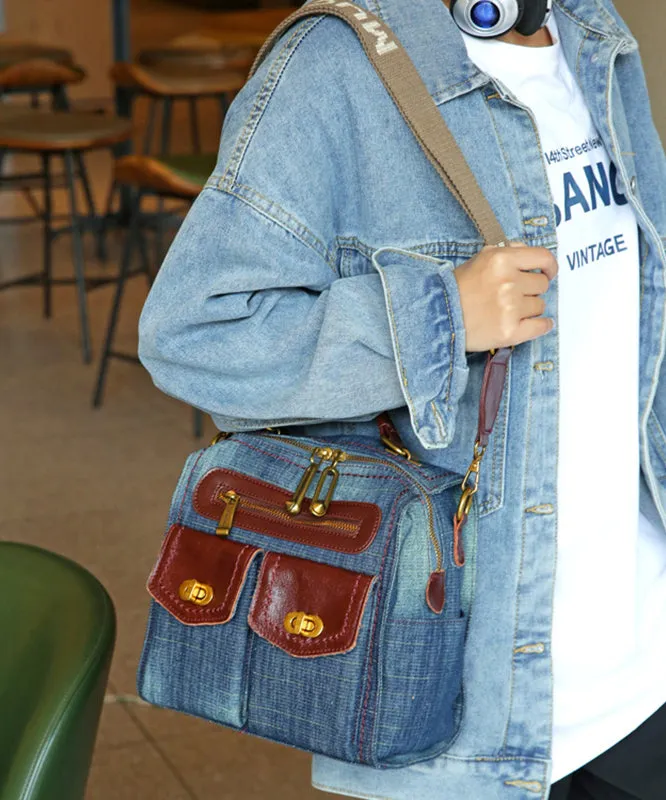 Natural Denim Blue Patchwork Canvas Backpack Bag