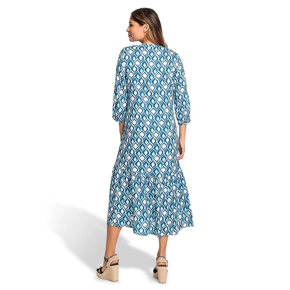 Olsen Loose-Fit Ikat-Print Tunic-Neck Maxi Dress