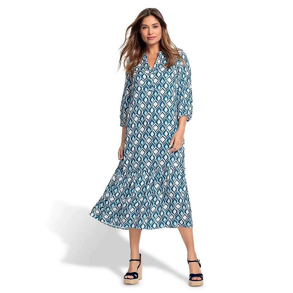 Olsen Loose-Fit Ikat-Print Tunic-Neck Maxi Dress