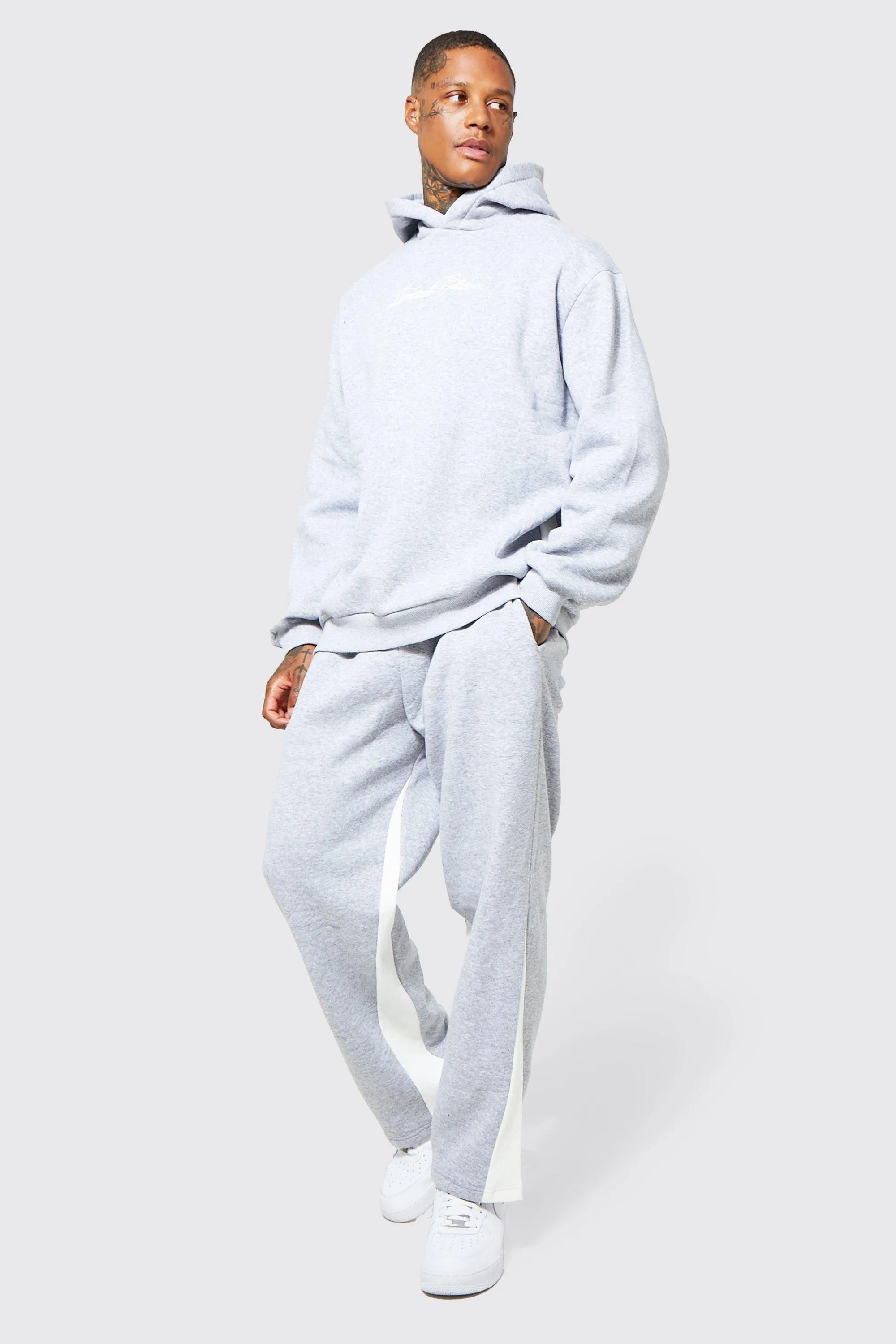 Oversized Embroidered Ribbed Gusset Tracksuit | boohooMAN UK