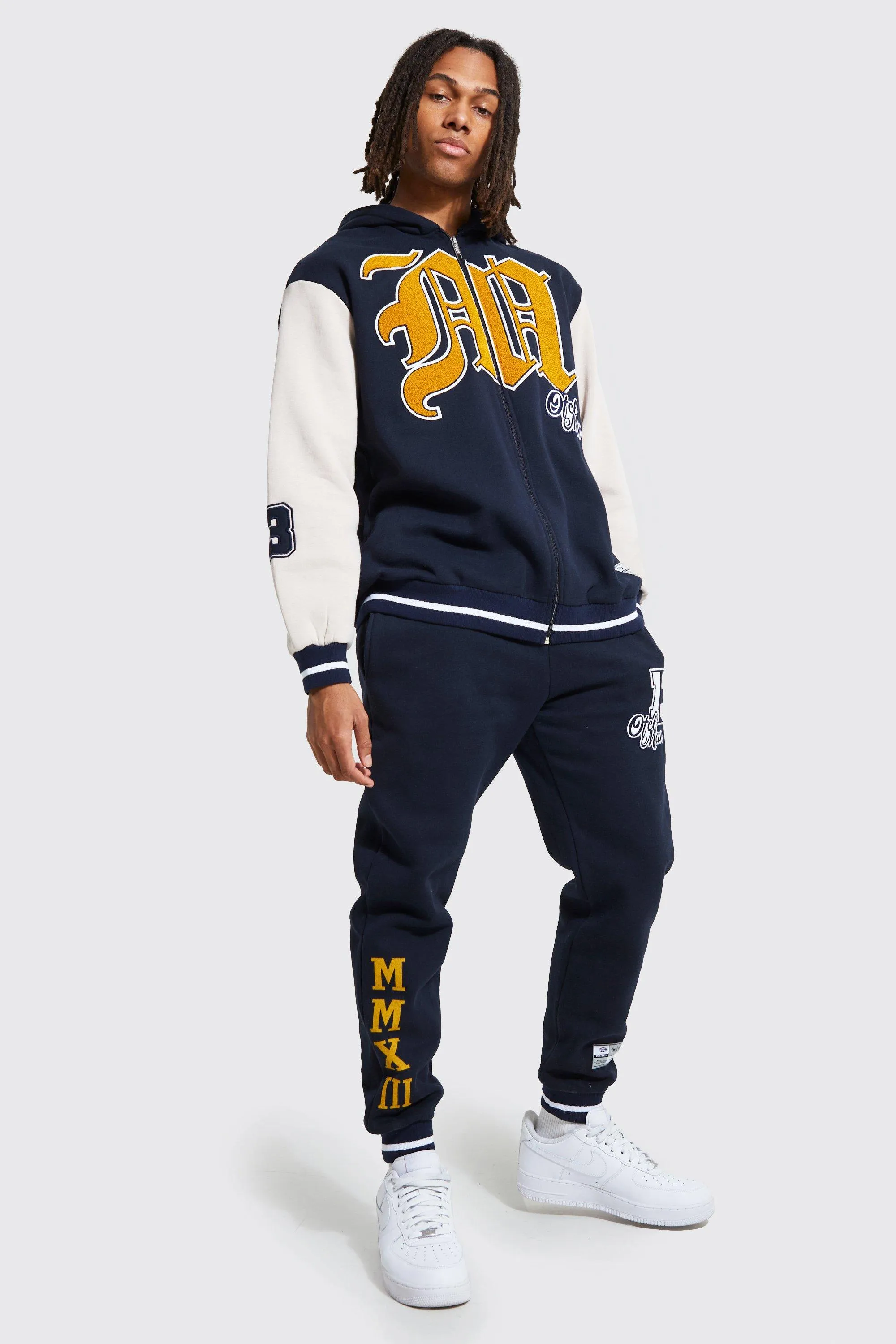 Oversized Zip Varsity Hooded Tracksuit | boohooMAN UK