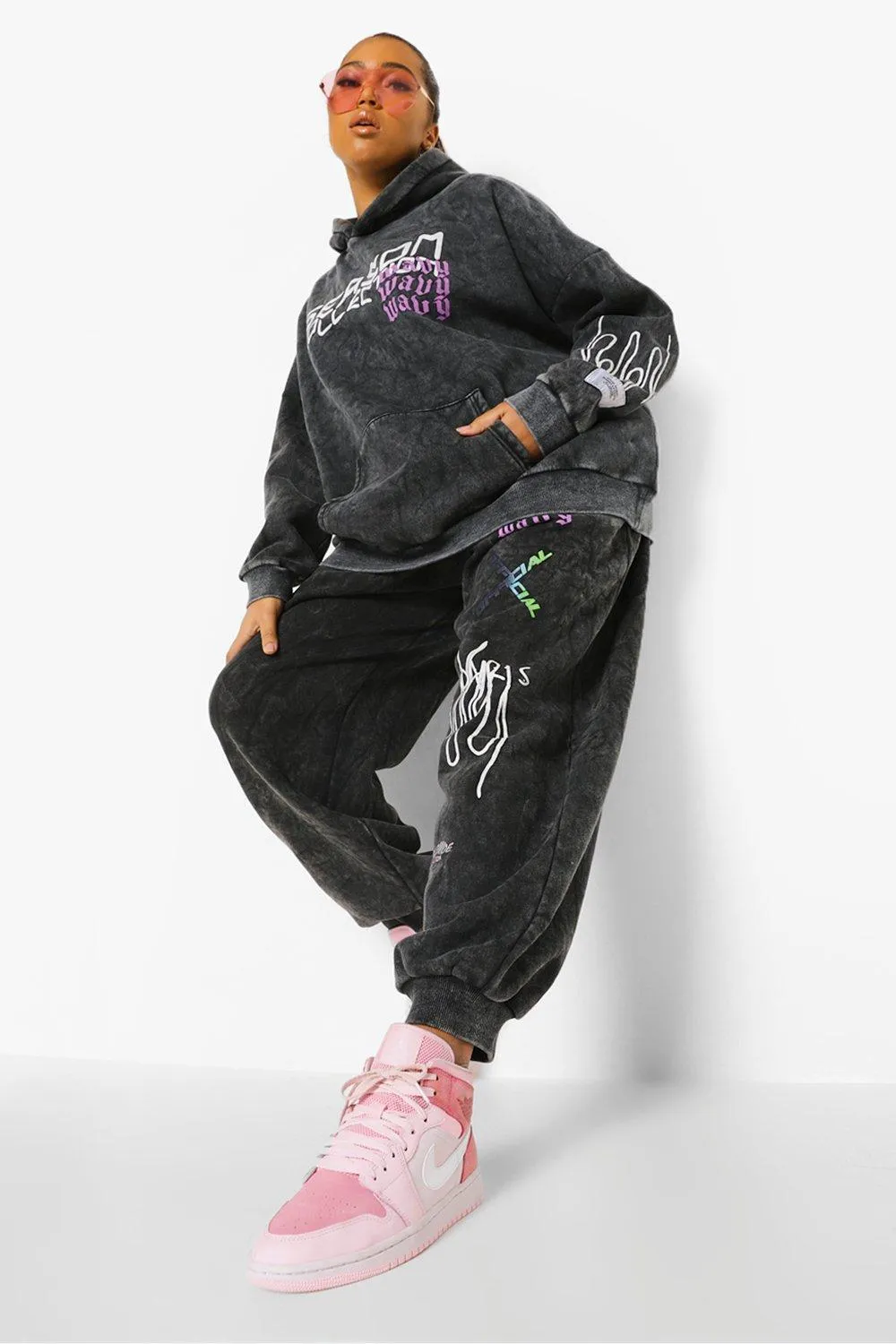 Plus Oversized Acid Wash Graffiti Tracksuit