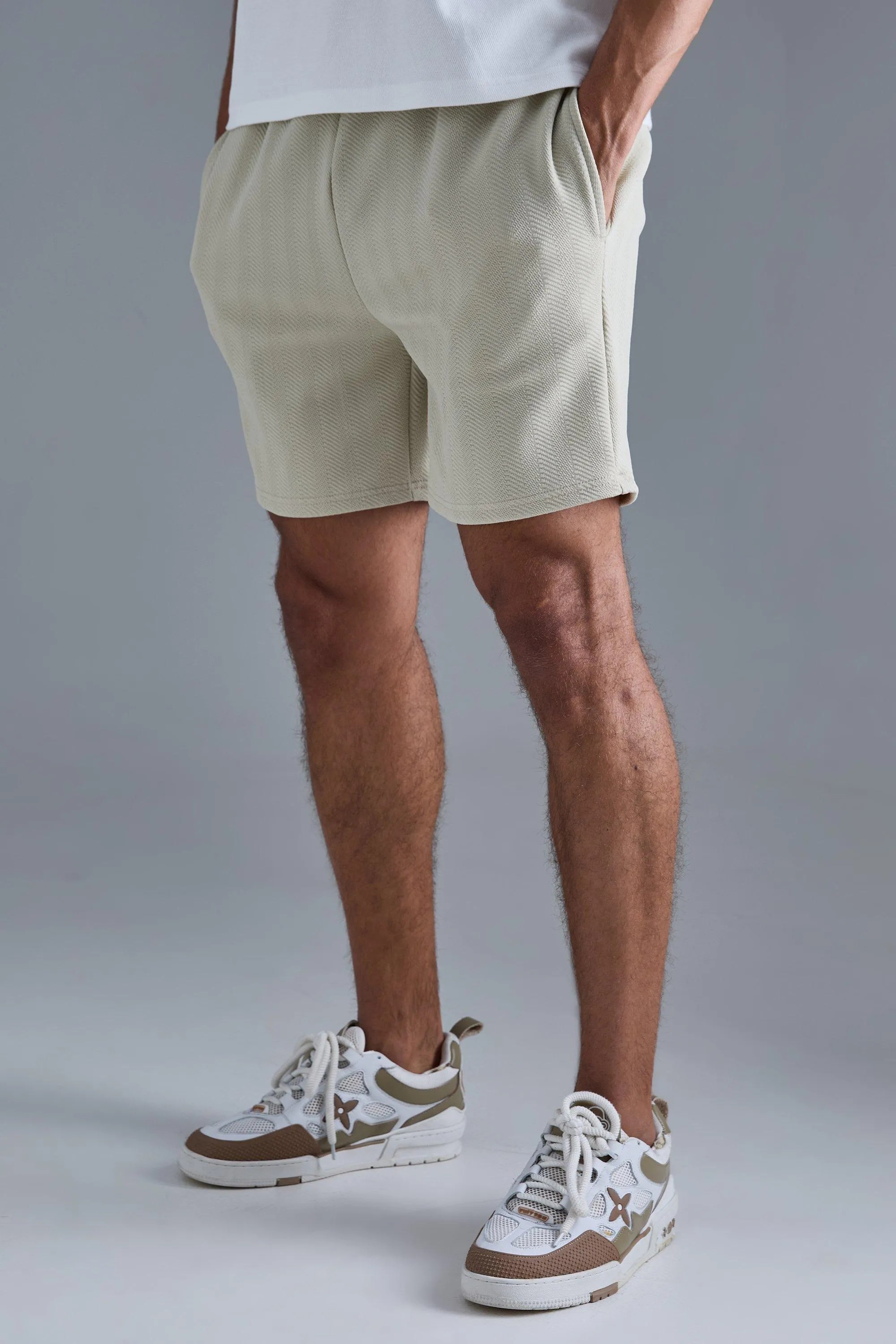 Slim Fit Short Length Herringbone Short | boohooMAN UK