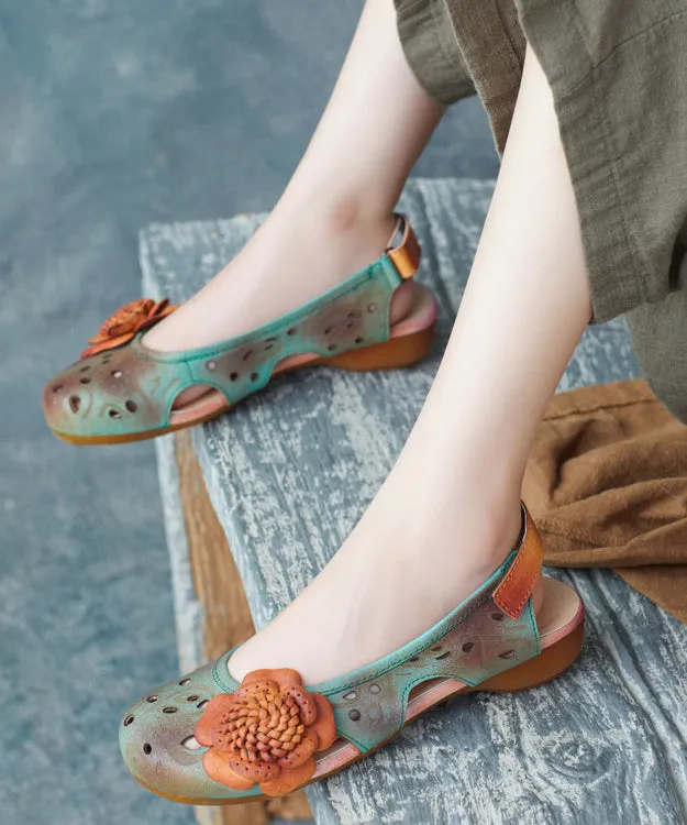 Vintage Green Cowhide Leather Hollow Out Flower Sandals