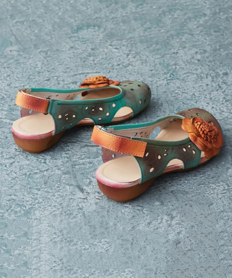 Vintage Green Cowhide Leather Hollow Out Flower Sandals